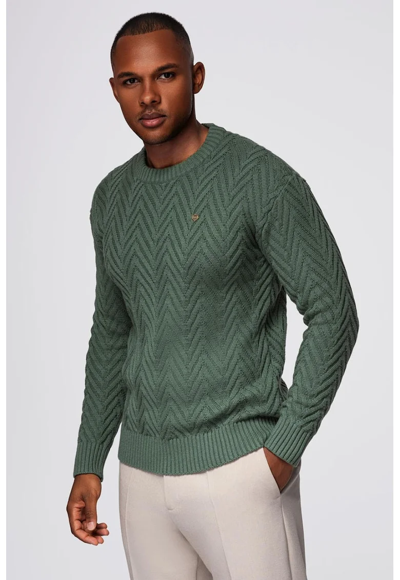 Pulover cu decolteu la baza gatului si model herringbone, Verde aquamarin