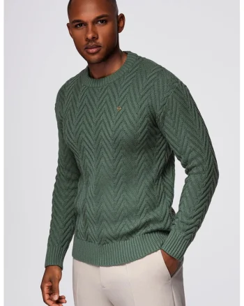 Pulover cu decolteu la baza gatului si model herringbone, Verde aquamarin