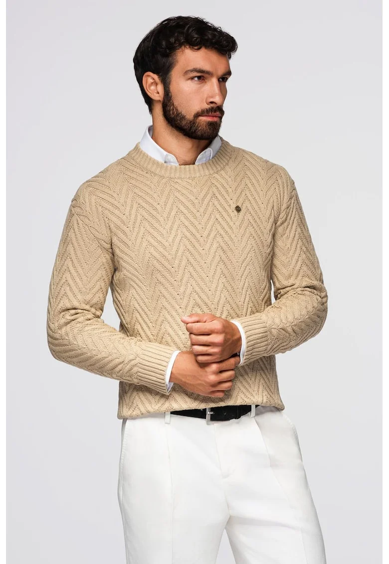 Pulover cu decolteu la baza gatului si model herringbone, Maro nisip