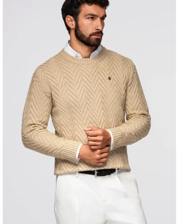 Pulover cu decolteu la baza gatului si model herringbone, Maro nisip