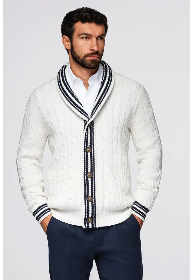 Cardigan cu nasturi si model torsade, Alb/Bleumarin