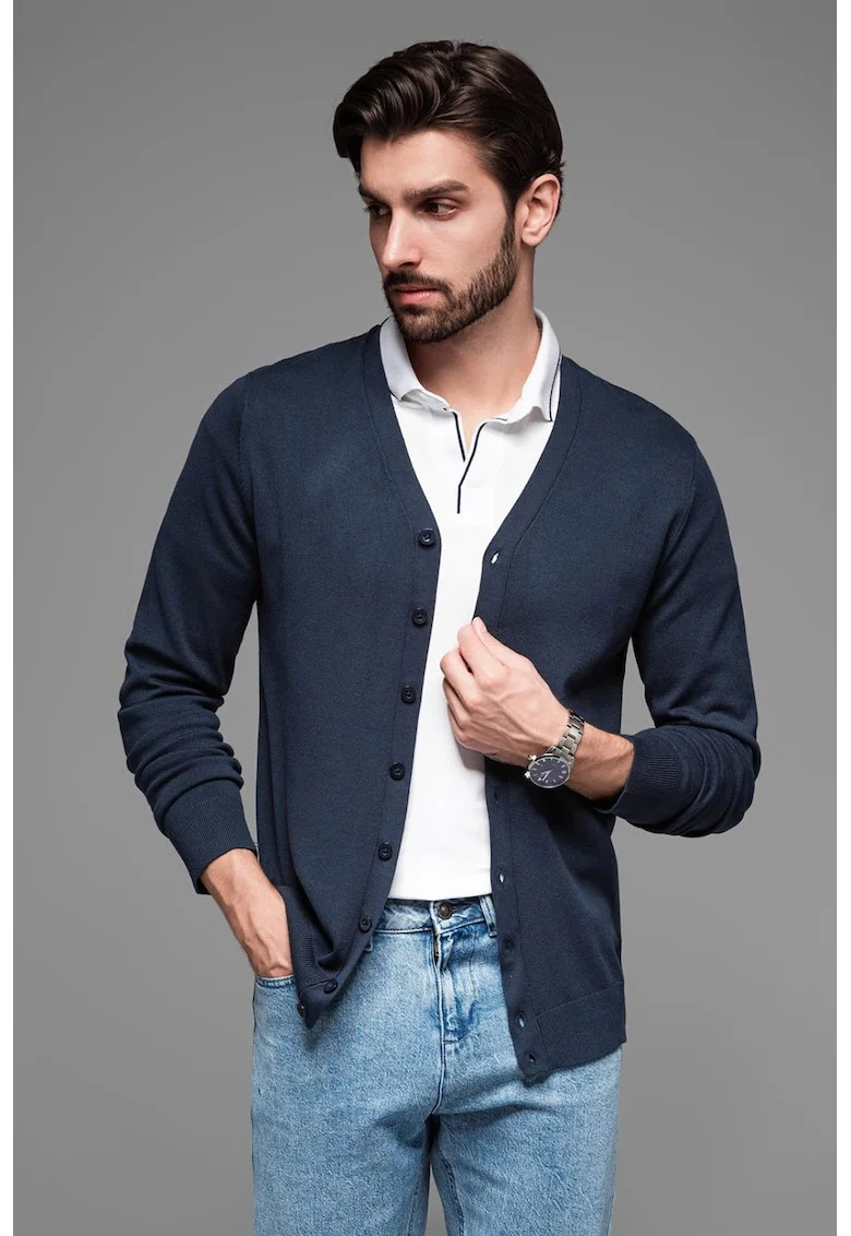 Cardigan cu nasturi si decolteu in V, Bleumarin