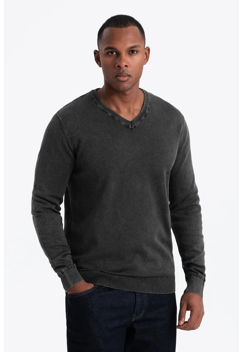 Bluza de trening cu decolteu in V si model uni, Negru stins