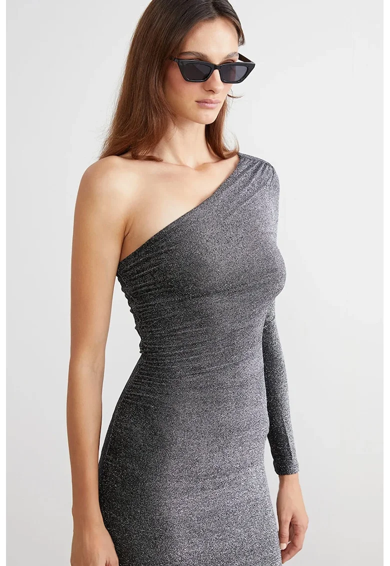 Rochie midi cu decolteu pe un umar, Argintiu inchis