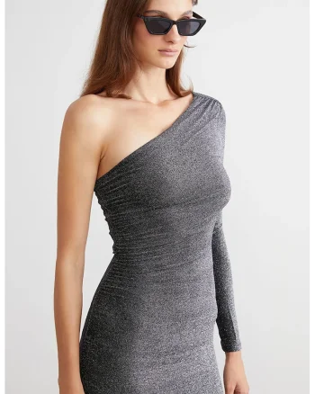 Rochie midi cu decolteu pe un umar, Argintiu inchis