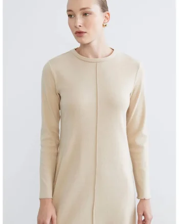 Rochie tricotata fin cu maneci lungi, Bej deschis