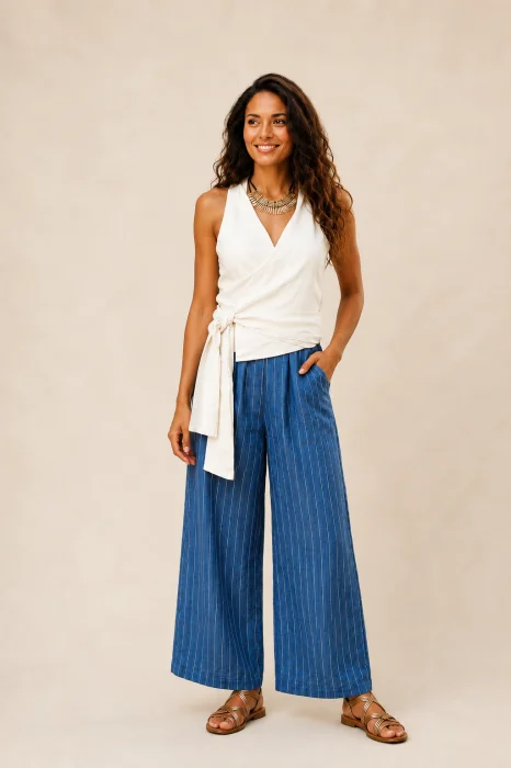 Bluza fara maneci din in, petrecuta, alba ivory