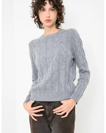 Pulover din lana cu guler rotund si model torsade, Gri inchis