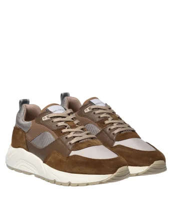 Pantofi sport din piele cu insertii din plasa, Maro/Crem
