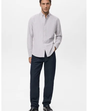 Camasa slim fit cu dungi si guler fixat cu nasturi, Alb