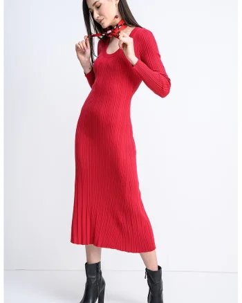 Rochie midi cu decolteu rotund si striatii, Rosu inchis