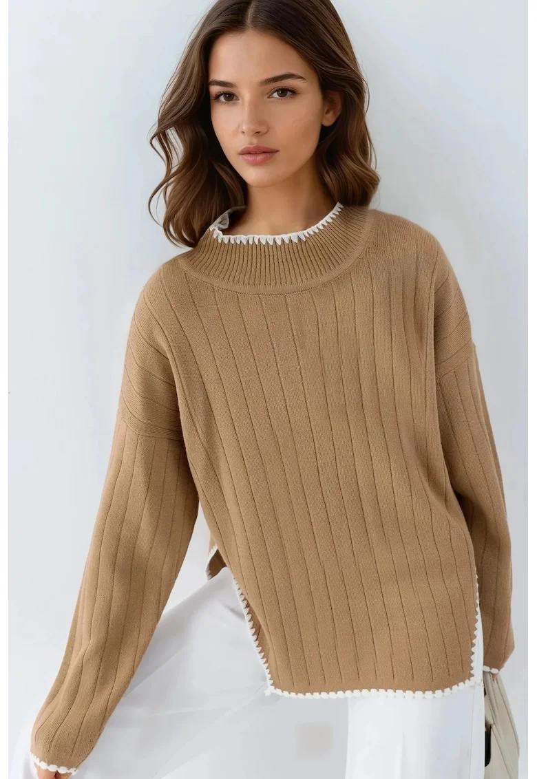 Pulover dama,  supradimensionat, detalii cusute, maro, tricot, One Size