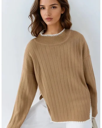 Pulover dama,  supradimensionat, detalii cusute, maro, tricot, One Size