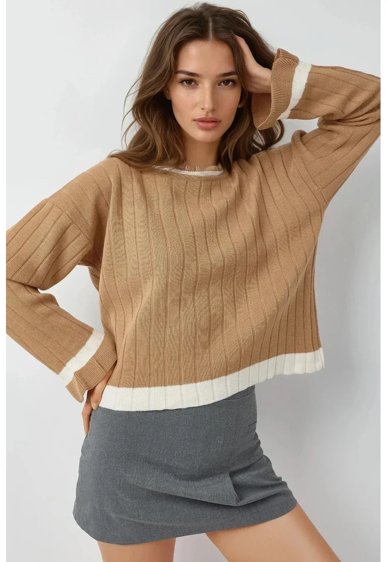 Pulover tricotat,  dungi, guler rotund, maro, tricot, One Size