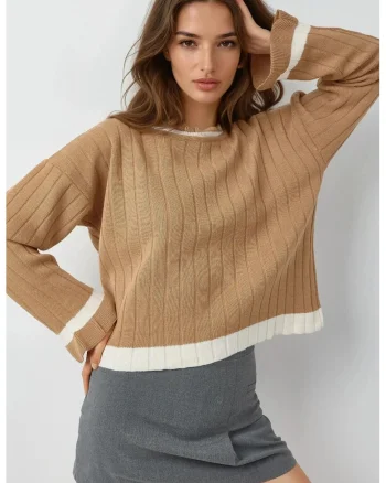 Pulover tricotat,  dungi, guler rotund, maro, tricot, One Size