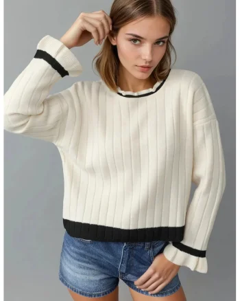 Pulover tricotat,  dungi, guler rotund, crem, tricot, One Size