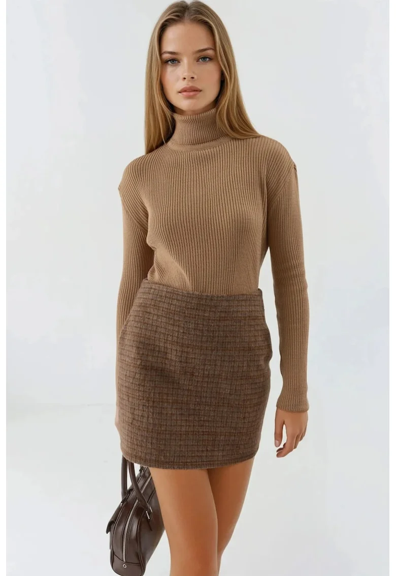 Pulover dama,  mulat, guler texturat, maro, tricot, One Size