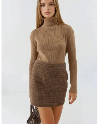 Pulover dama,  mulat, guler texturat, maro, tricot, One Size
