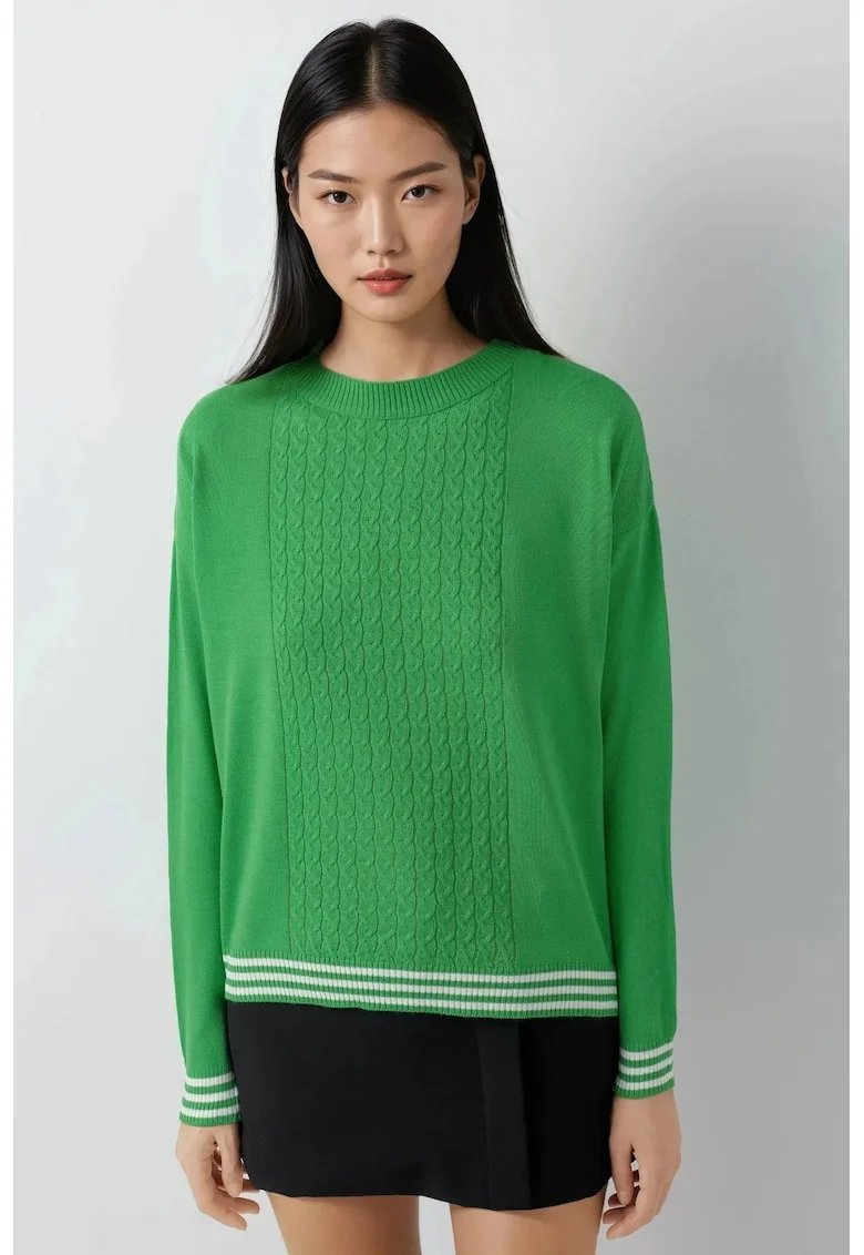 Pulover dama,  guler rotund, model impletit, verde, tricot, One Size