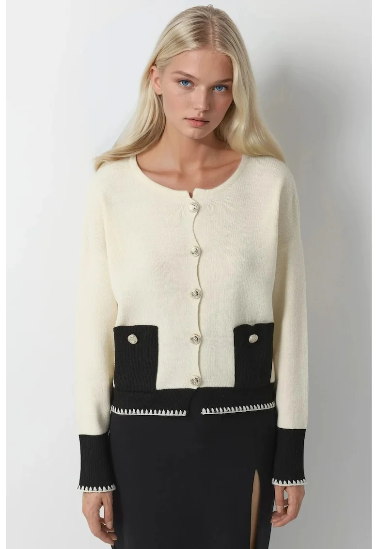 Pulover dama,  cardigan tricotat, detalii buzunare, crem, tricot, One Size