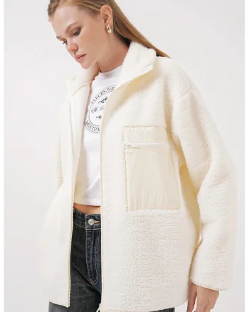 Palton dama  palton supradimensionat, detalii de buzunar, bej natural, textil