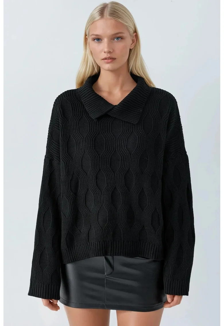 Pulover tricotat,  detaliu guler, negru, tricot, One Size