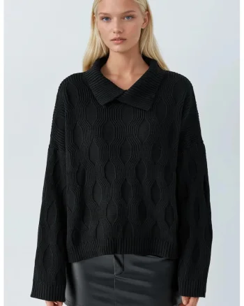 Pulover tricotat,  detaliu guler, negru, tricot, One Size