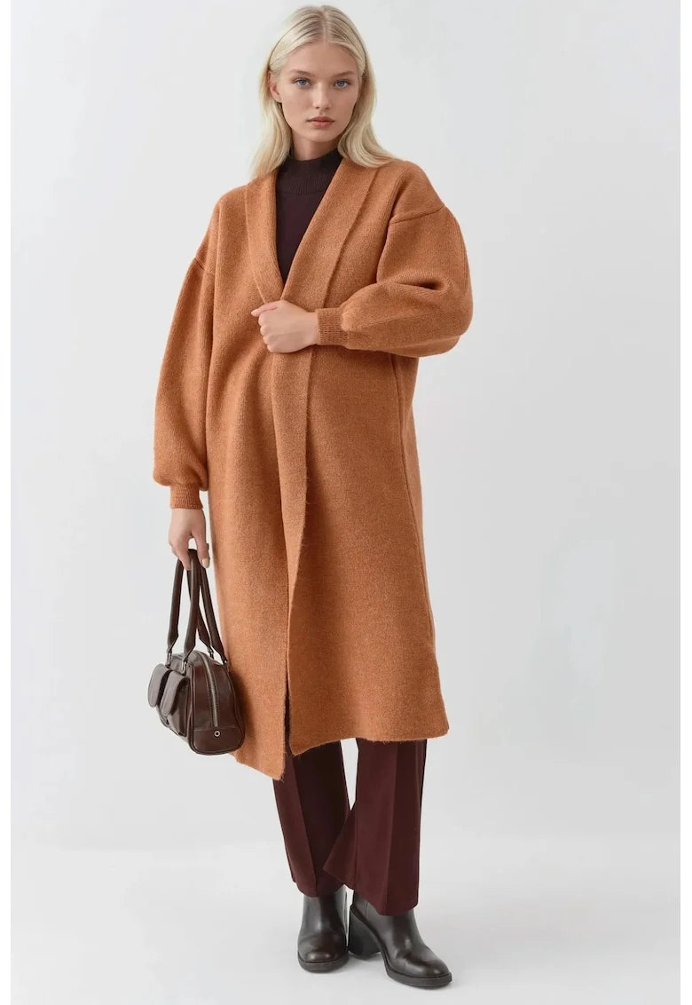 Cardigan tricotat,  lung, maro nuc, tricot, One Size