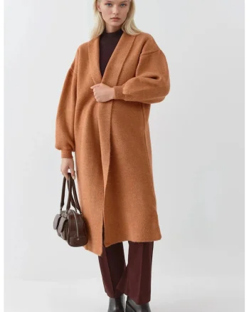 Cardigan tricotat,  lung, maro nuc, tricot, One Size