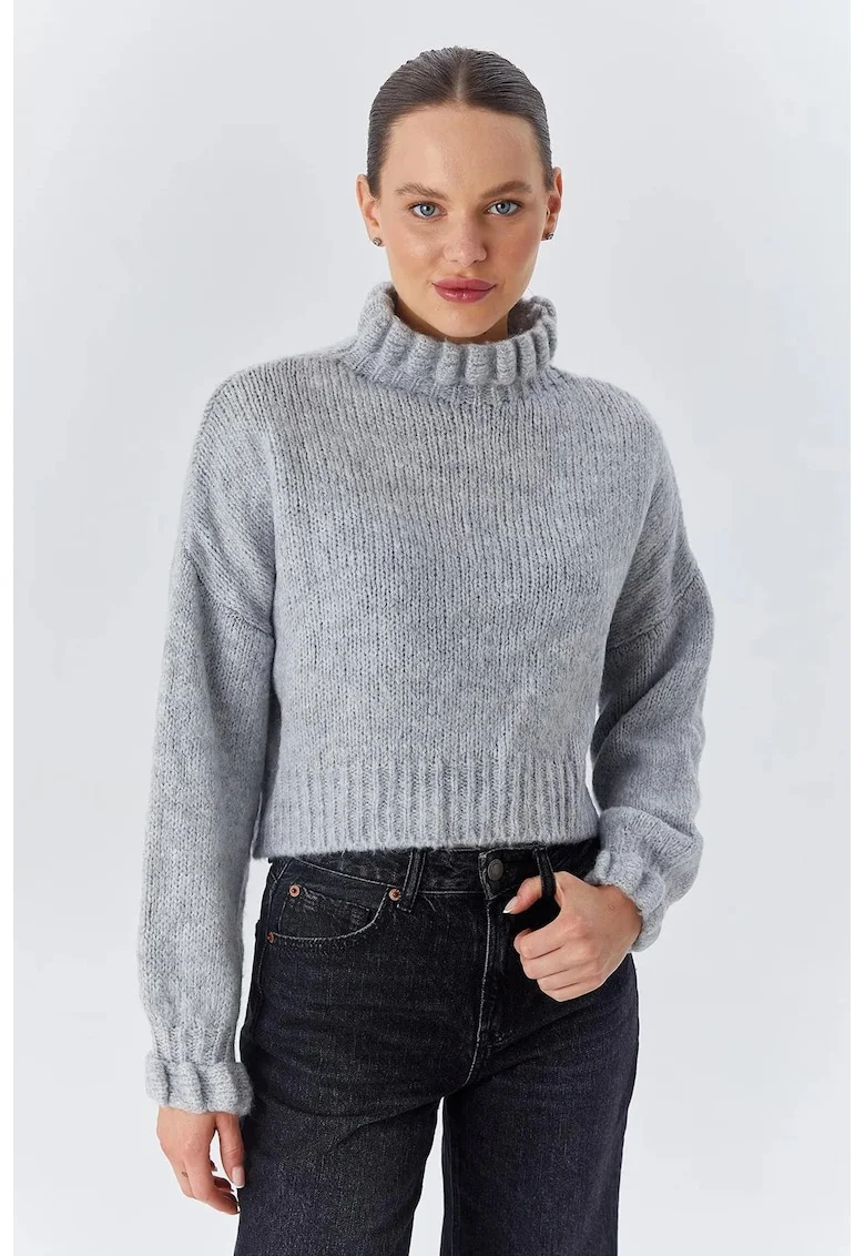 Pulover dama,  scurt, texturat, gri, tricot, One Size