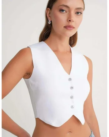 Vesta dama,  Decolteu in V, Tricot, Alb,