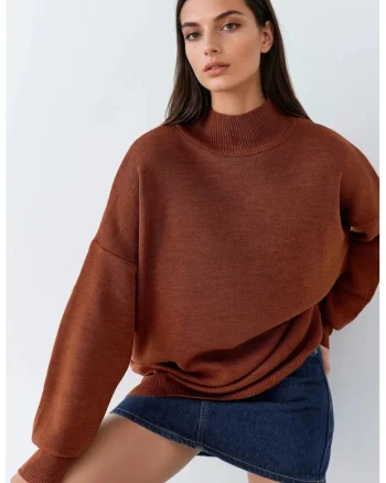 Pulover dama,  supradimensionat, jumatate de guler, maro nuc, tricot, One Size