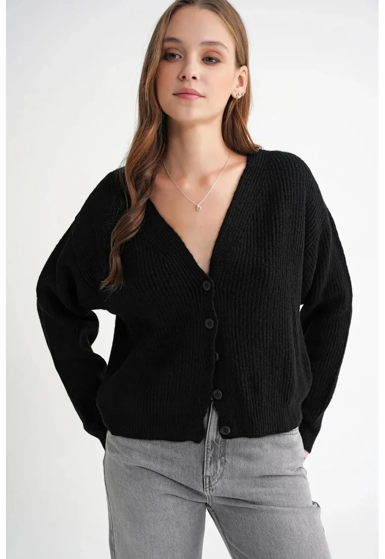 Cardigan dama,  decolteu in V, negru, tricot,