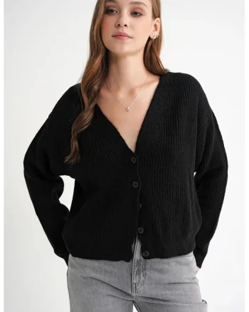 Cardigan dama,  decolteu in V, negru, tricot,