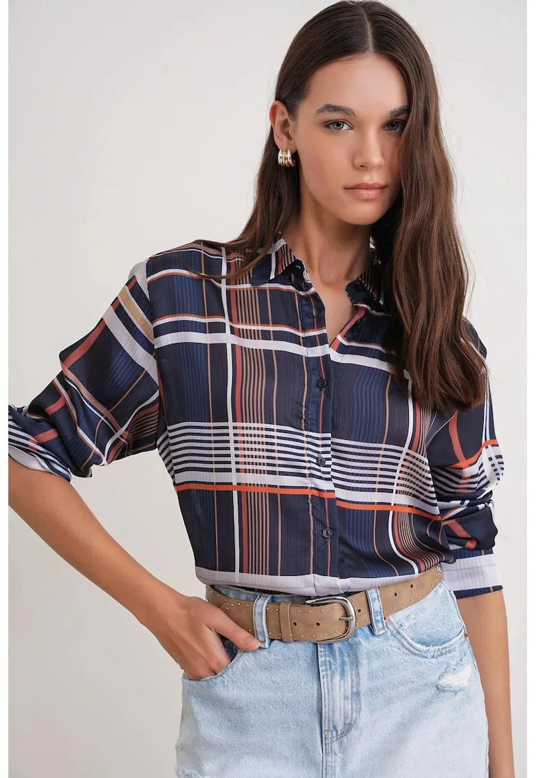 Camasa dama,  camasa din satin cu nasturi, bleumarin, textil