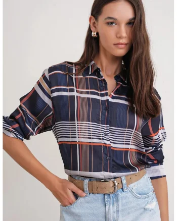 Camasa dama,  camasa din satin cu nasturi, bleumarin, textil
