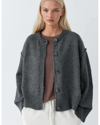 Cardigan tricotat,  relaxat, gri, textil