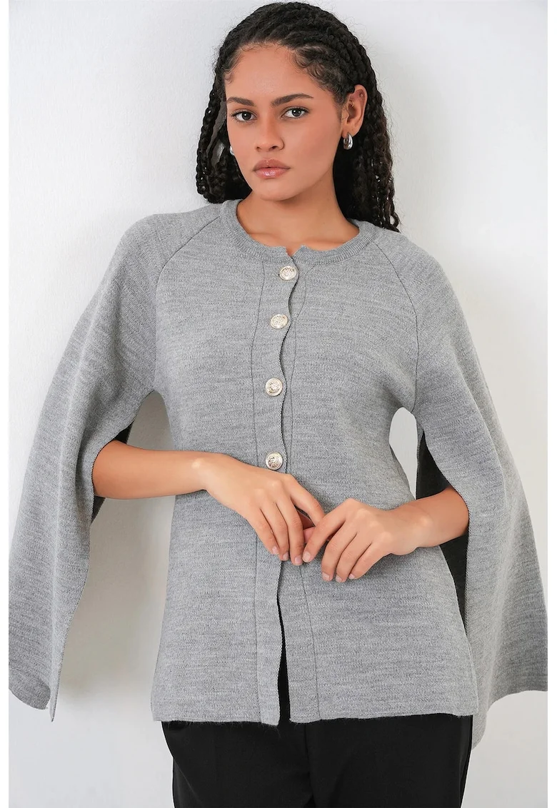 Cardigan tricotat  gri, texturat, cu inchidere nasturi, One Size