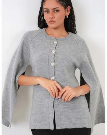 Cardigan tricotat  gri, texturat, cu inchidere nasturi, One Size