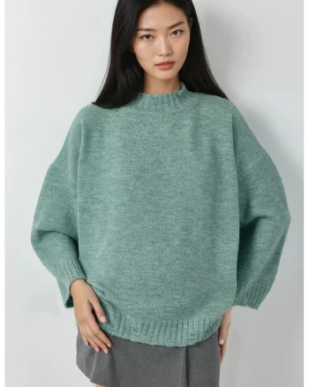Pulover dama,  tricotat supradimensionat, verde menta, material tricot, One Size