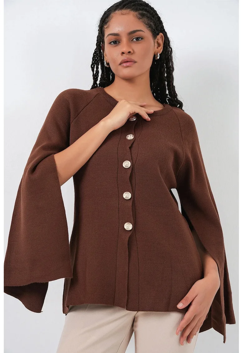 Cardigan tricotat  texturat, maro mocha, tricot, One Size