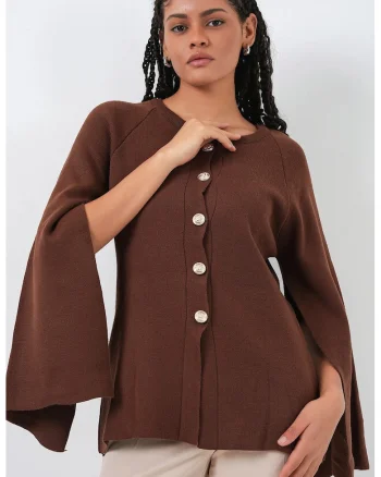 Cardigan tricotat  texturat, maro mocha, tricot, One Size