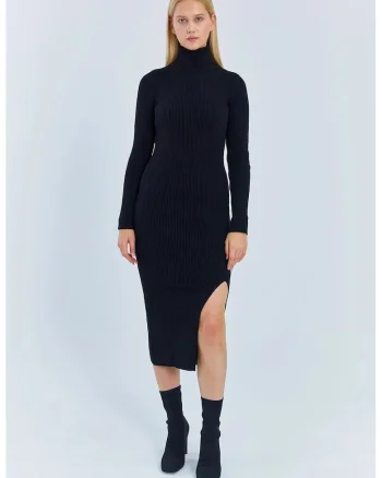 Rochie,  Rochie tricotata midi, guler inalt, negru, tricot