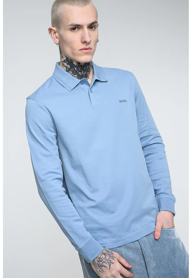 Bluza polo de bumbac Pe_Interlock, Albastru pastel