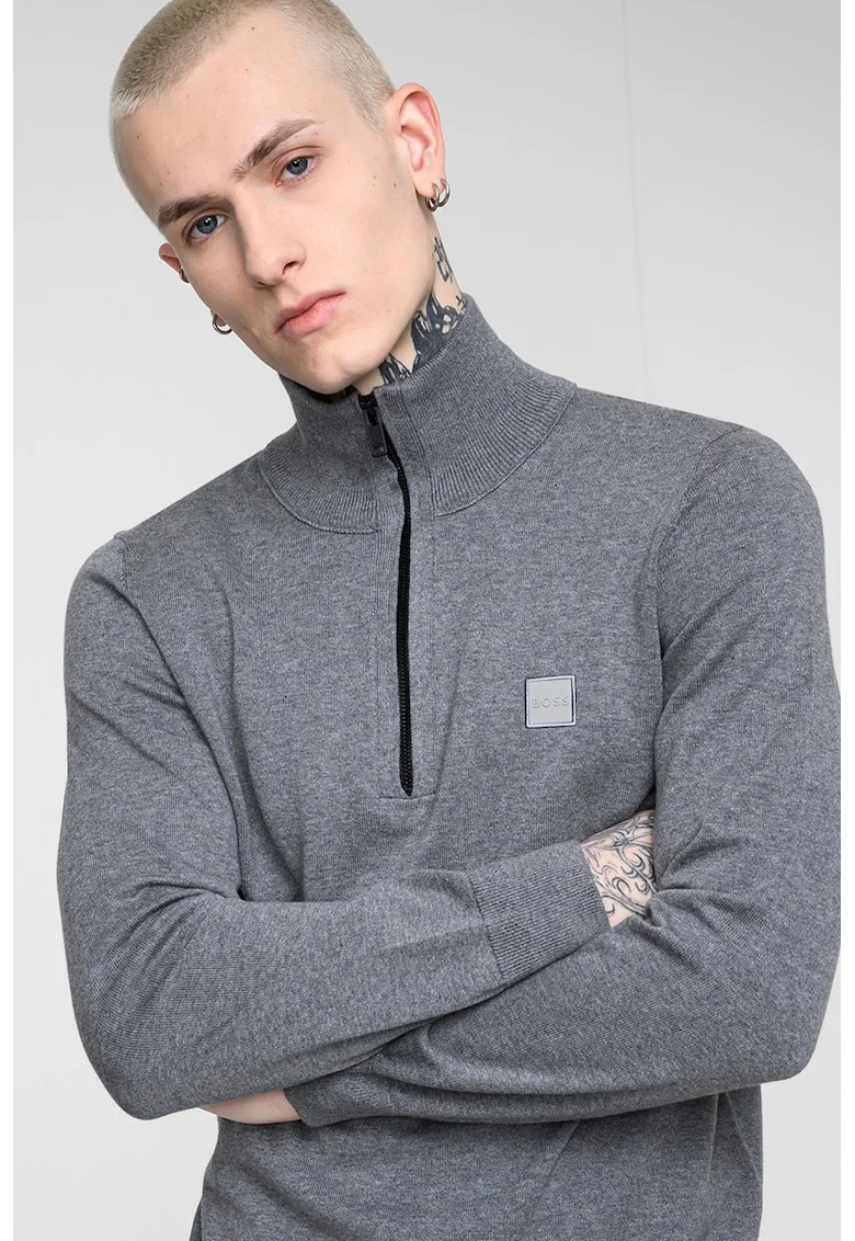 Pulover cu fenta cu fermoar si guler inalt Kanobix, Gri melange/Gri inchis