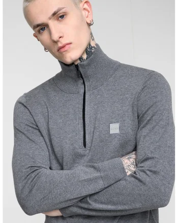 Pulover cu fenta cu fermoar si guler inalt Kanobix, Gri melange/Gri inchis