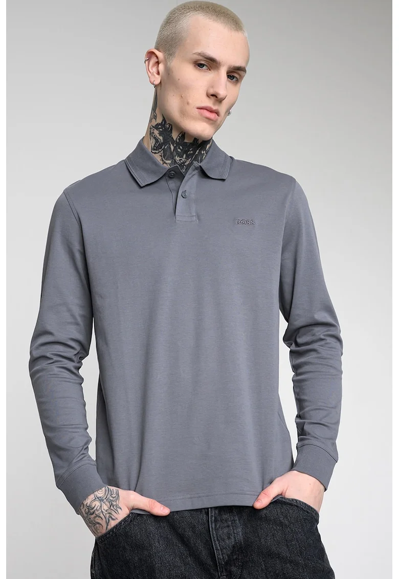 Bluza polo de bumbac Pe_Interlock, Gri inchis