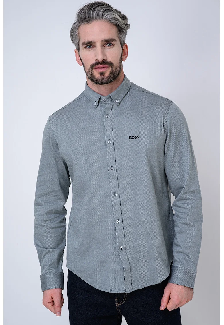 Camasa Oxford regular fit cu broderie logo, Alb/Verde sparanghel