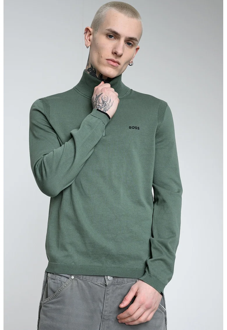 Pulover tricotat fin de bumbac cu fenta cu fermoar, Verde aquamarin