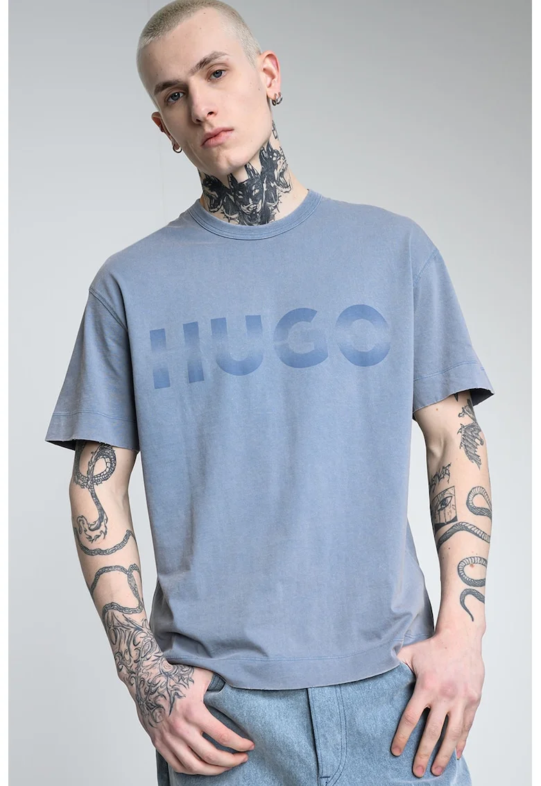 Tricou cu decolteu la baza gatului si imprimeu logo, Albastru inchis